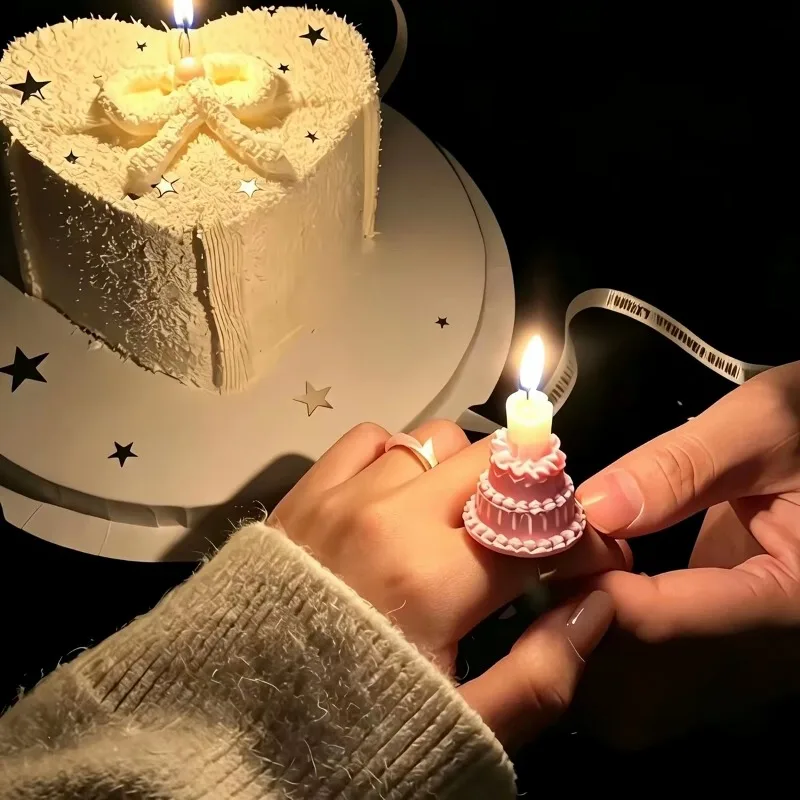 Fashion Cartoon Cake Candle Finger Ring Acrylic Pink Blue White Cakes Cute Girls Birthday Party Friend Small Gift Rings Ornament