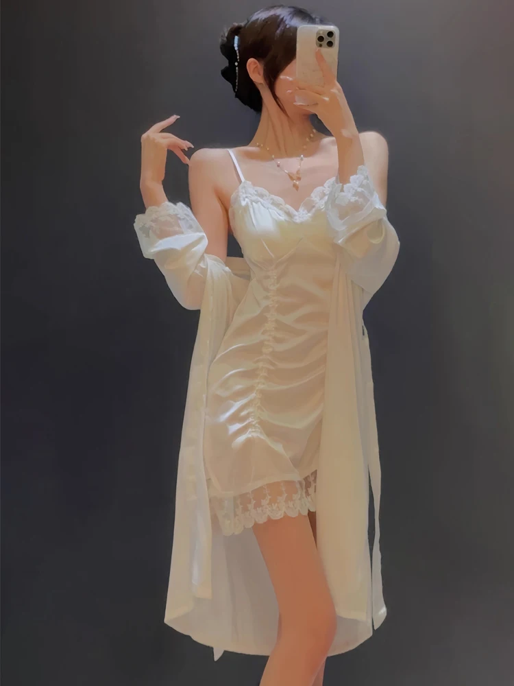 

2026 Ice Silk Lace Trim Chemise Nightgown Set Sexy Sleepwear Women Outdoor Wear Summer Thin Short Sleeve V-Neck Pullover