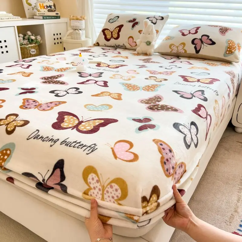 WASART Soft warm plush fitted sheet elastic mattress cover pretty butterfly printed winter fluffy coral fleece thick bed linens