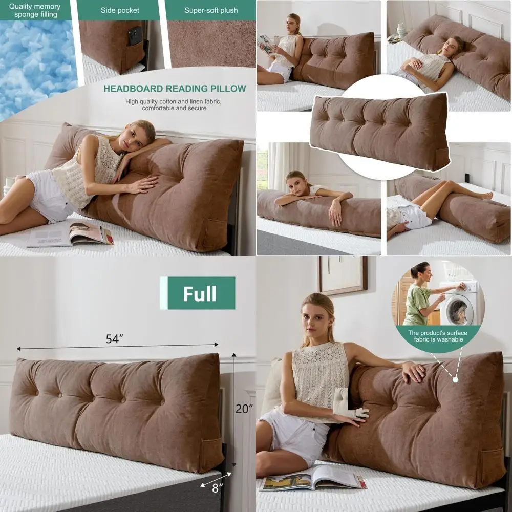 

Светло-коричневое полноразмерное изголовье клиновой подушки со съемным чехлом и боковыми карманами для чтения и телевизора