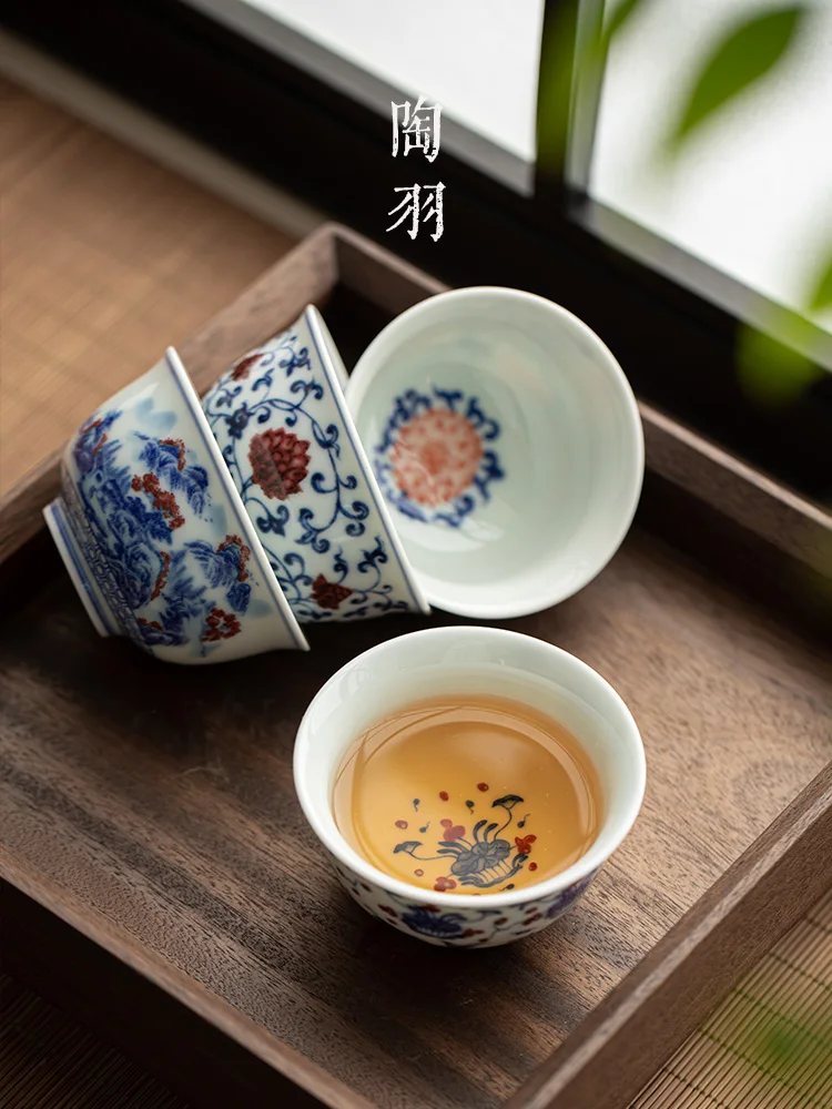 Yongle Blue And White Pressure Hand Cup Ceramic Handmade Antique Entangled Lotus Personal Master Cup, Set Of Four High End Tea