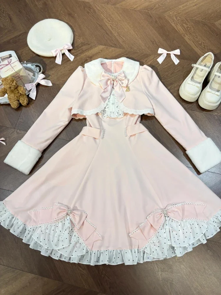 France Sweet Pink Slim 2-piece Set Women Pretty Elegant Long Sleeve Bow Lapel Short Coat + Solid Thin Lolita Dress Female New