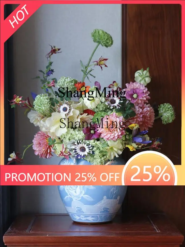 FG Home Living Room Entrance Premium Ornament Hand Painted Peony Smoke Blue Flower Ornament