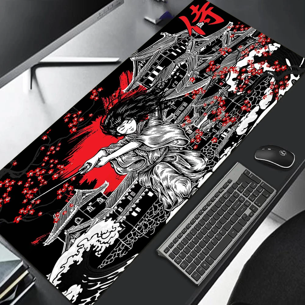 Japanese Passionate Samurai  Mouse Pad Gamer DeskMat Large Computer Gaming Peripheral Accessories Cherry Blossoms Mat for Office