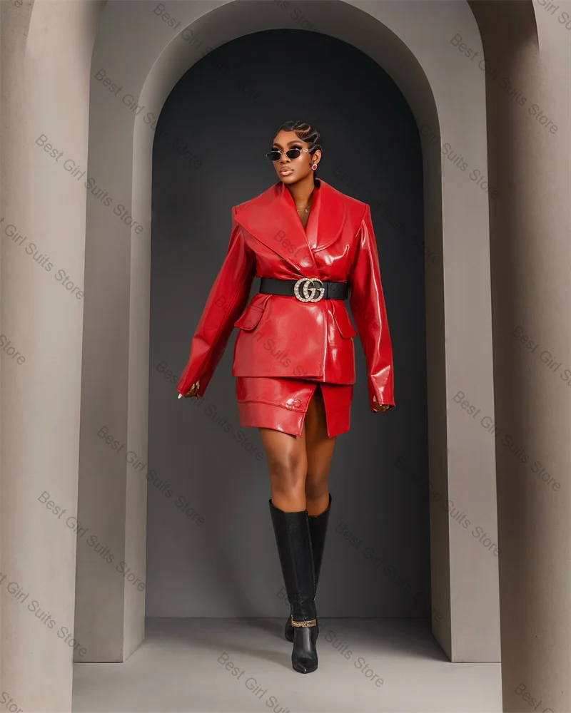 

Red PU Leather Women Suit Set 2 Pcs Blazer+Short Mini Prom Dress Formal Office Business Jacket Customized Wedding Guest Coat