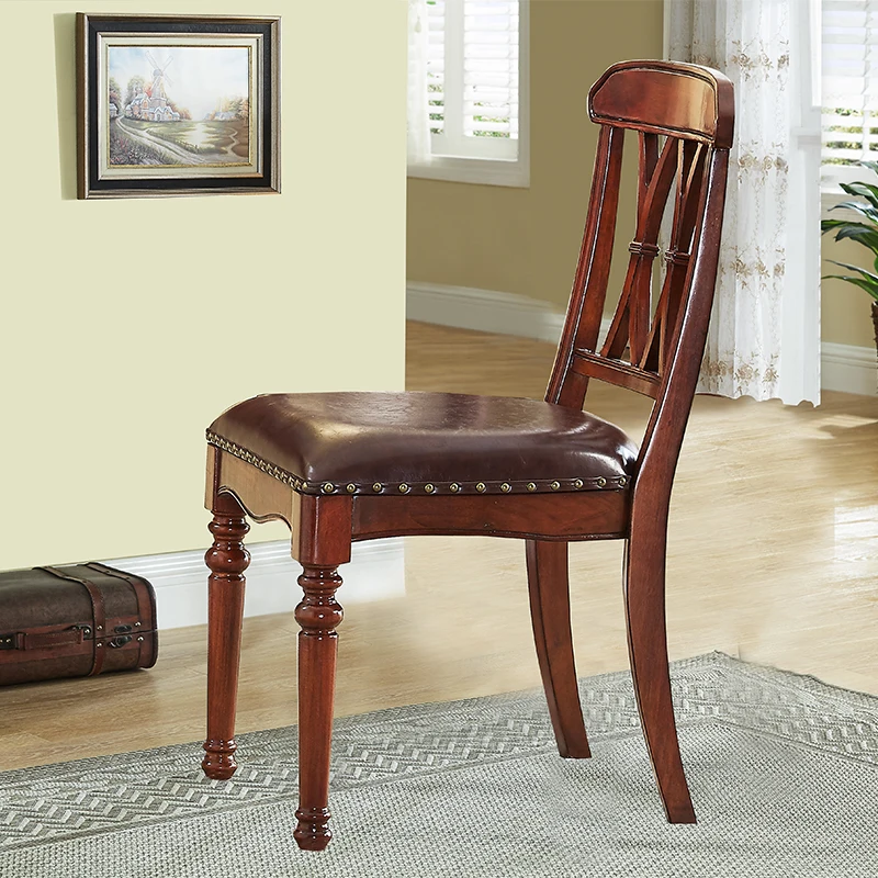 

American all-solid wood desk and chair leather seat bag computer chair dining room backrest dining chair living room casual retr