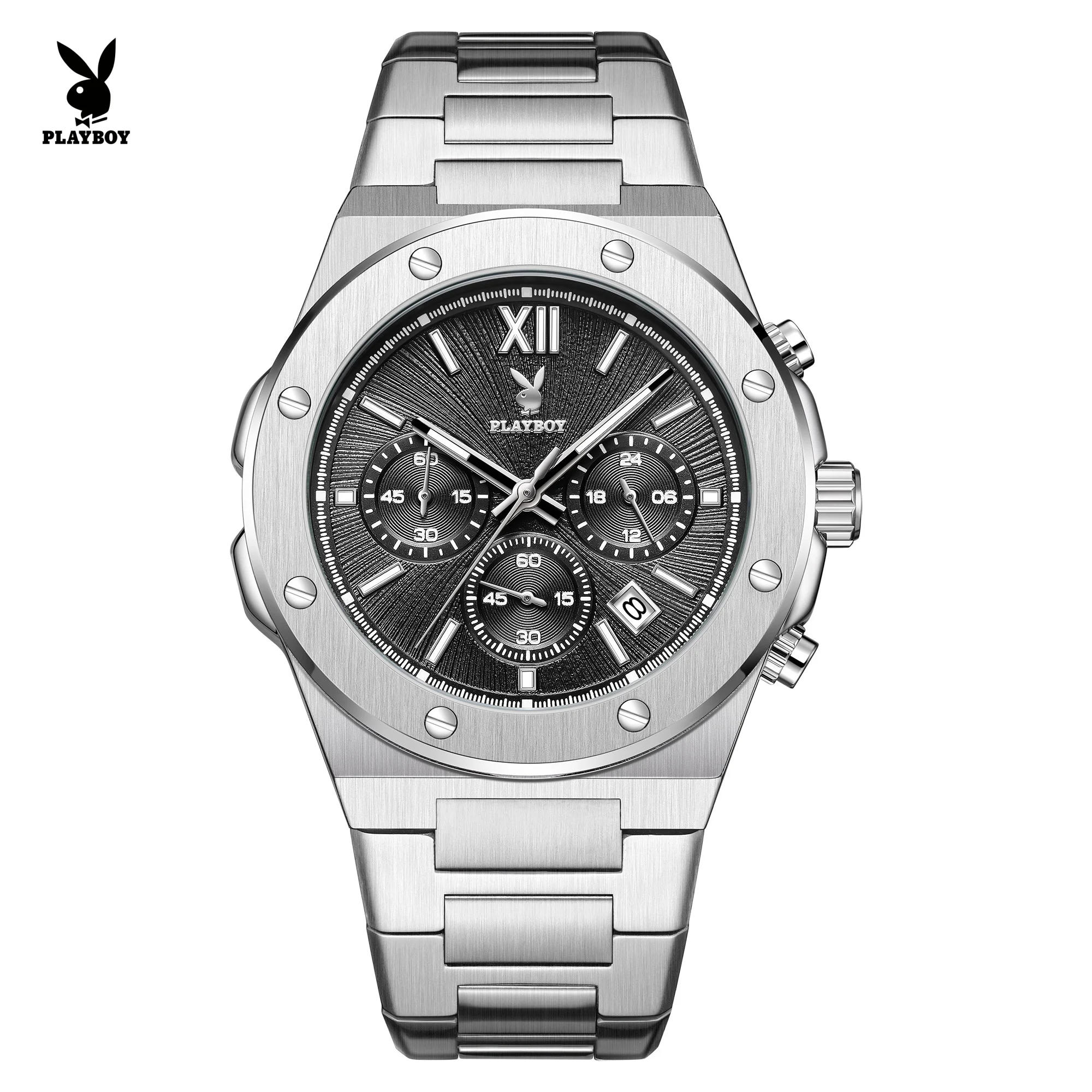 PLAYBOY 3560 Watch Men Women Single Calendar Window Zircon Bezel Design Stainless Steel Strap HD Luminous 30m Waterproof Watch
