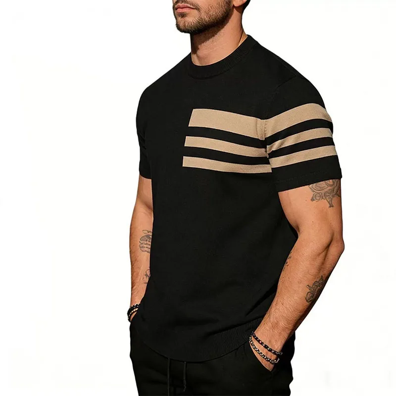 Korean Style 2026 Summer New Fashion Men's Striped Contrast Color O-neck Short Sleeve Breathable Casual Trendy T-shirts Male Top