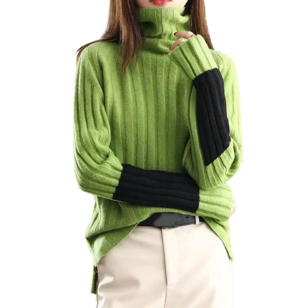 

Autumn Women Sweater Turtleneck Neck Protection Long Sleeve Knitted Warm Thin Soft Pullover Color Block Patchwork Lady Sweater