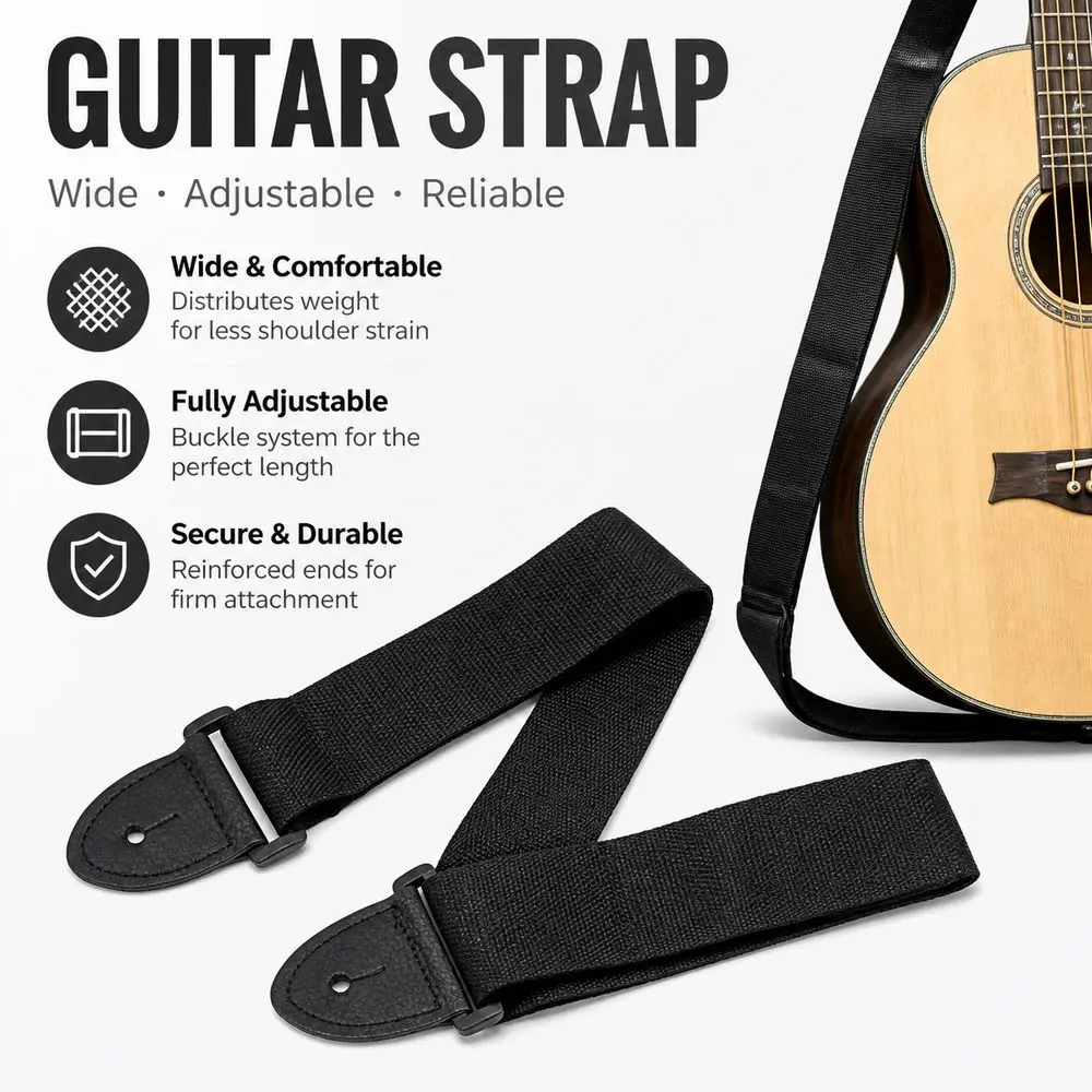 Adjustable Guitar Strap Black Wide Acoustic Guitar Strap Music Performance Woven Fabric Electric Guitar Strap