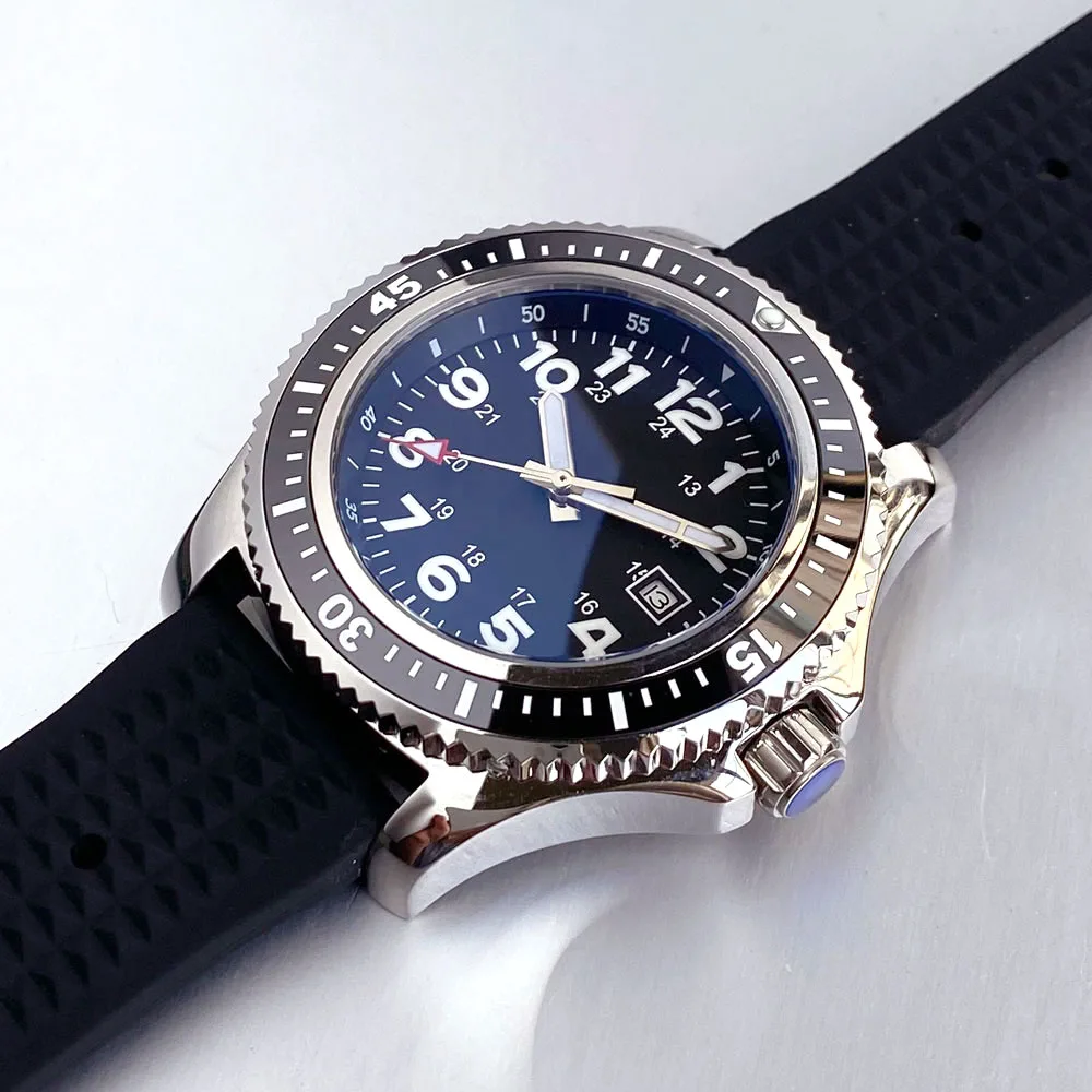 

44mm Black Dial Luminous Ceremaic Bezel Date Window 21 Jewels MIYOTA 8215 Automatic Mens Watch Rotating Bezel Leather