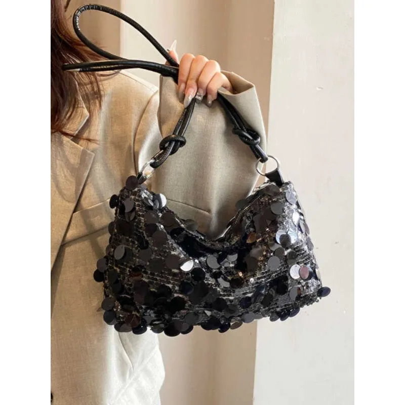 

Foufurieux Shiny Metallic Silver Sequins Handmade Woven Bag Lady Handbag Evening Party Bags Small Square Bag Crossbody Bags