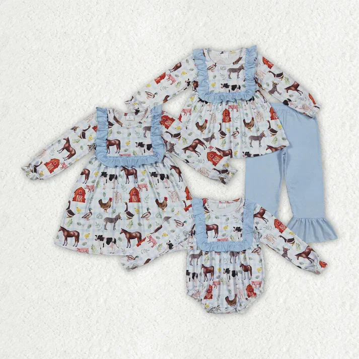 

New girls winter rompers wholesale boutique farm animals red house blue lace plaid long sleeve jumpsuit