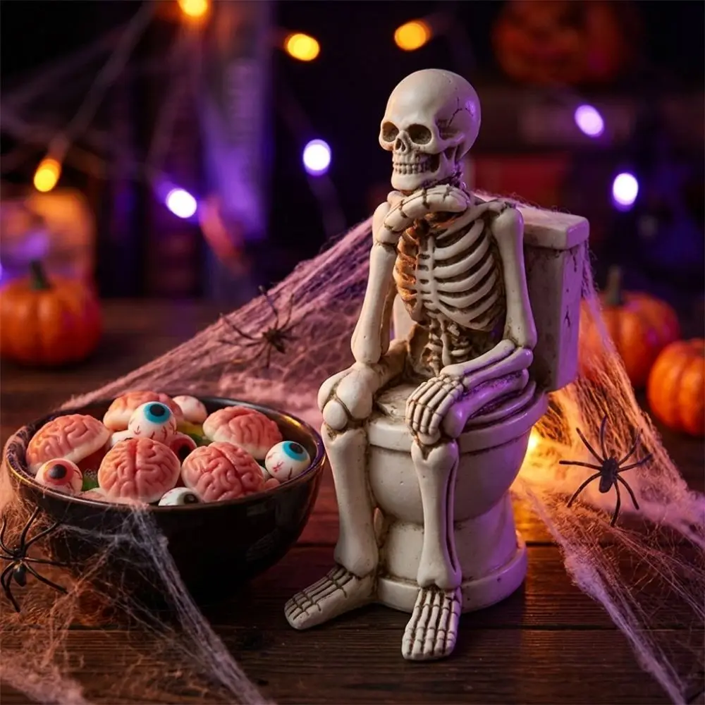 Vintage Skeleton on Toilet Figurine Resin Spooky Atmosphere Thinking Skeleton Ornament Funny Gothic Whimsical Skeleton Figure
