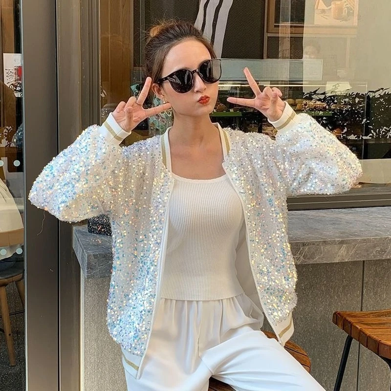 Women's Spring Autumn Glitter Sequin Baseball Jacket with Heavy Embroidery Loose Fit Korean Style Long Sleeve Crop Outerwear​