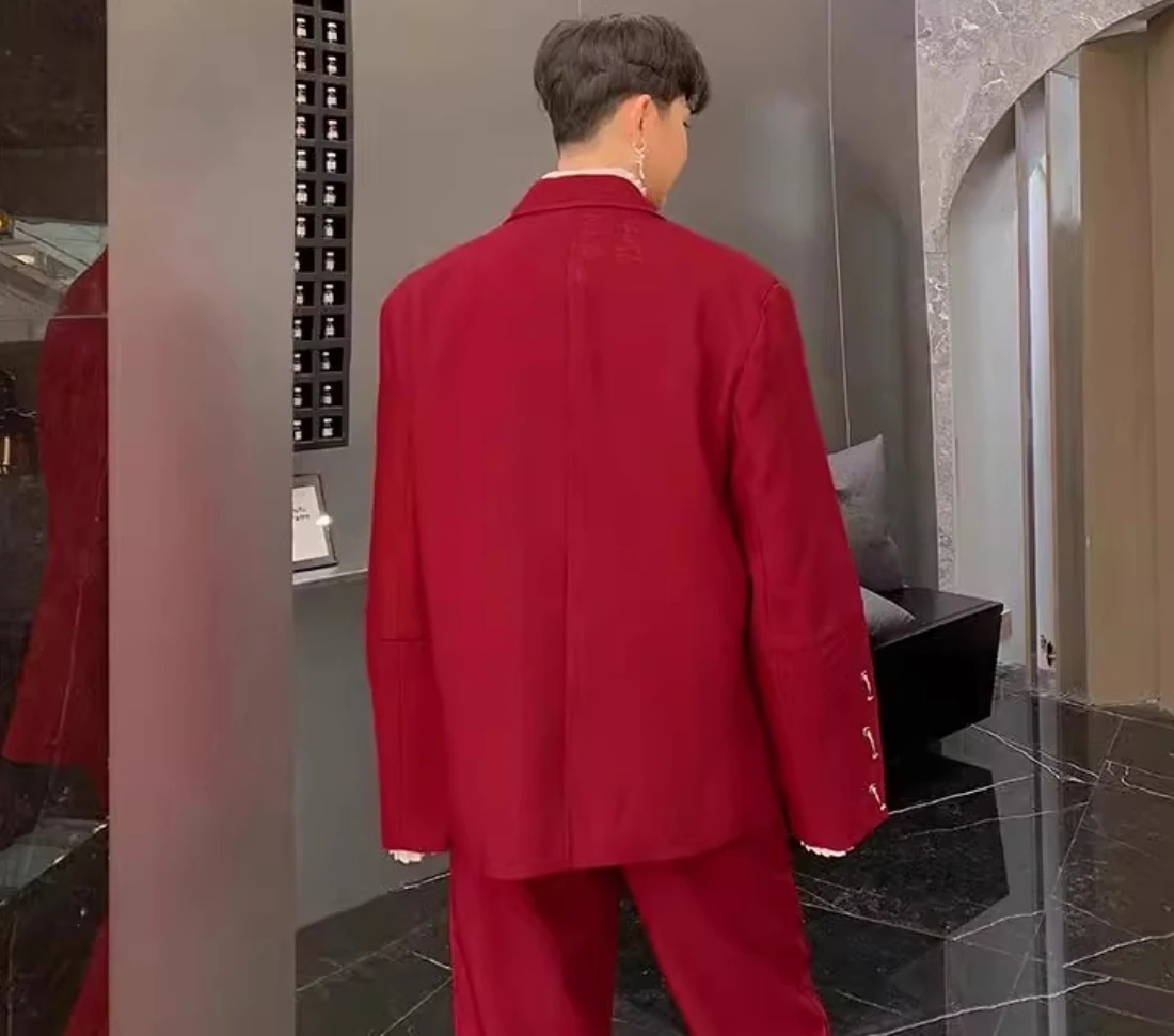 Red Blazer Jacket Men's Korean Trendy Loose Casual Personality Suit Metal Spring Vintage Fashion Designer Luxury Male Singer