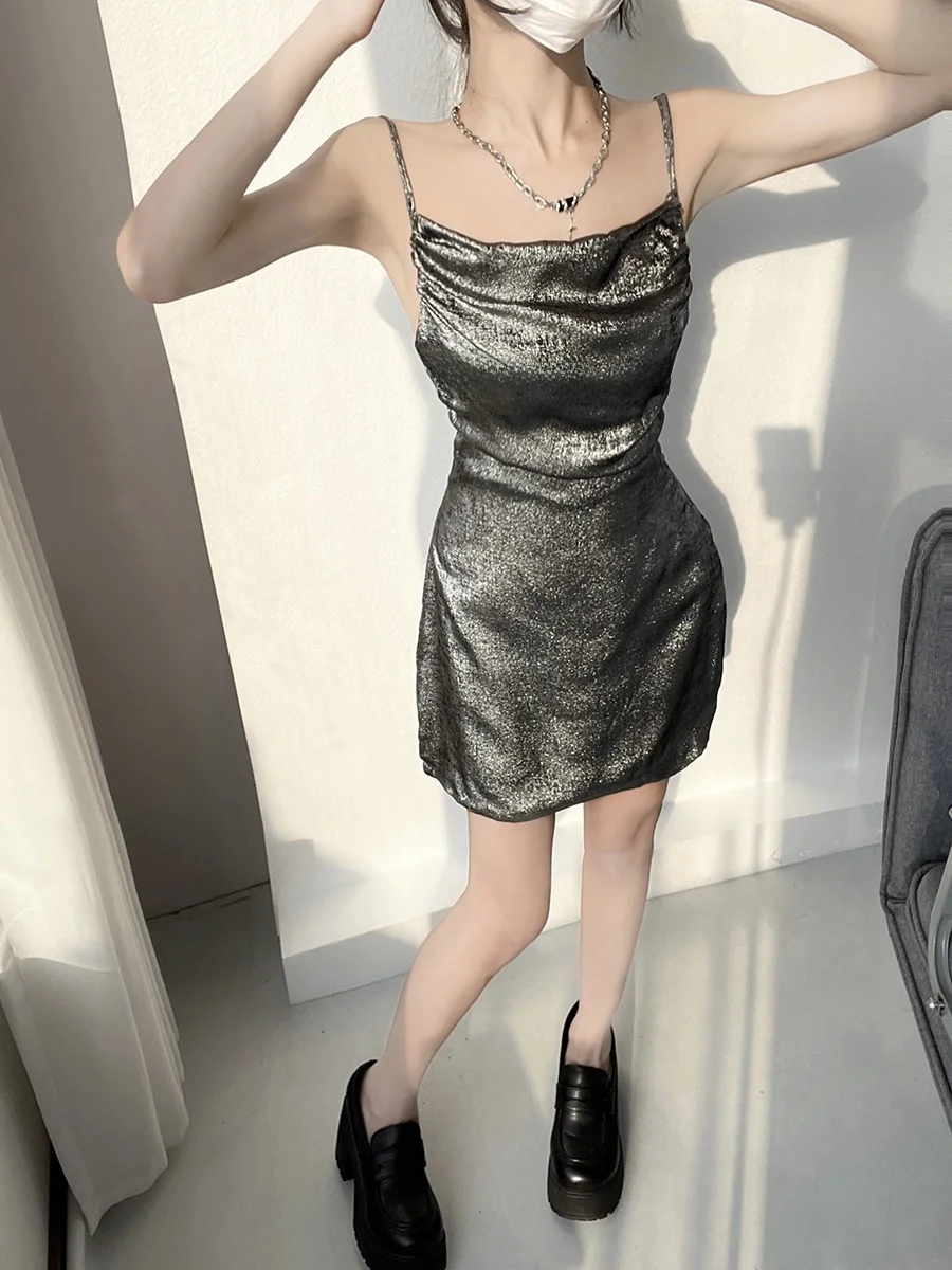 Sexy Sweet And Cool Girl Satin Metal Luster Thread Strap Dress Women's Punk Metal Wrap Short Skirt High Waist Spring Summer