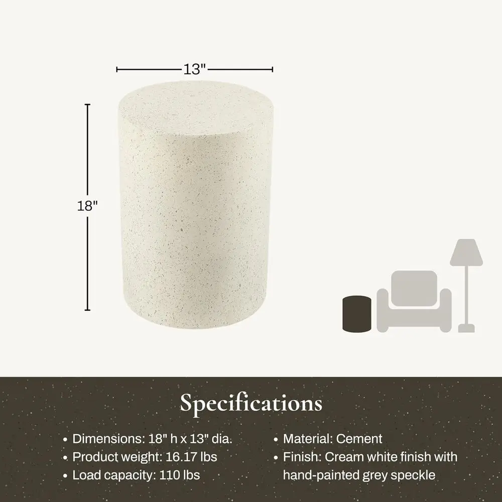 18 Inch Cement Outdoor Side Table, Patio Garden Accent Table, Small Round End Table, Tree Stump Style Indoor-Outdoor Drum Stool