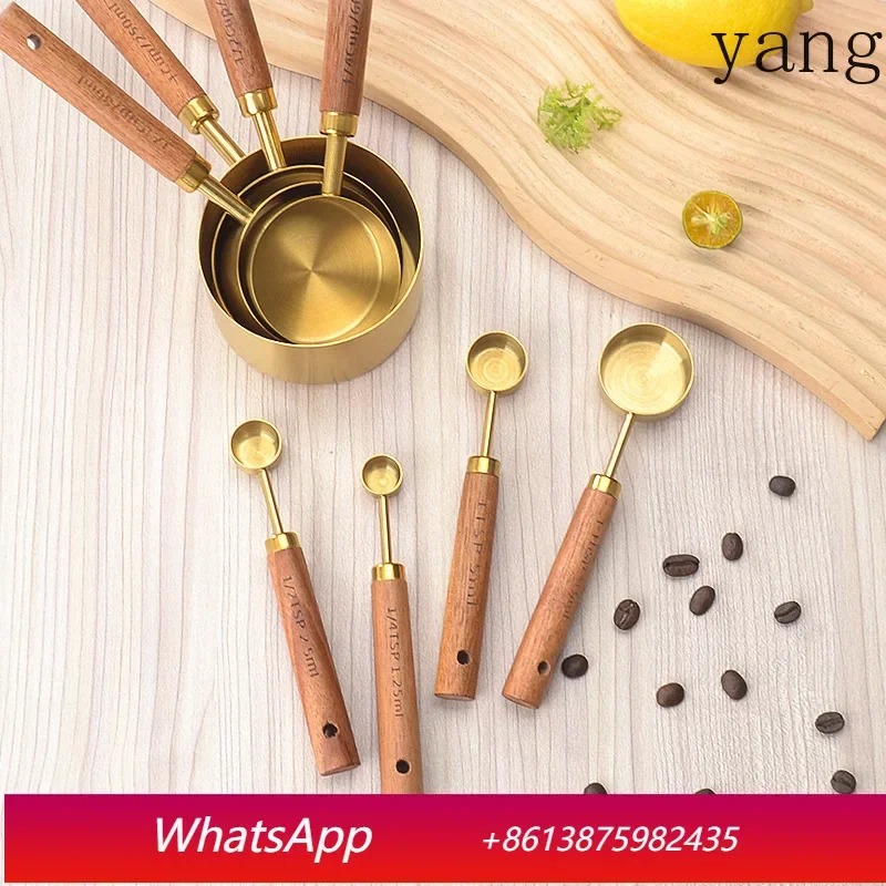 

LMM stainless steel coffee spoon titanium measuring cup measuring spoon 8-piece set, Acacia wooden handle