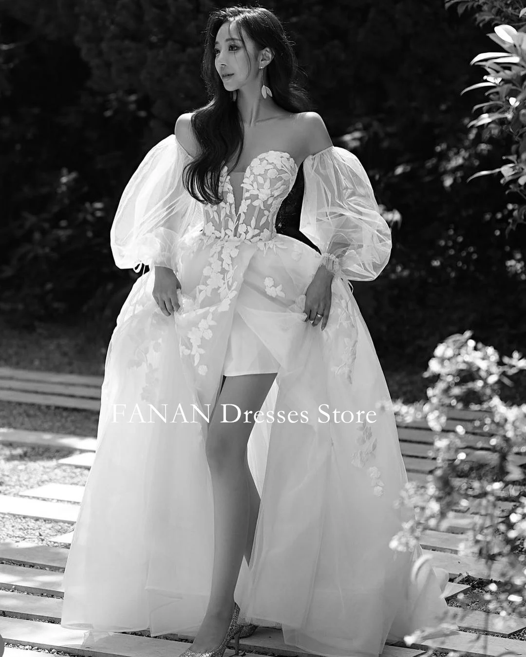 Fanan Korea Sweetheart Wedding Dresses  웨딩드레스  Tulle Appliques Puff Sleeves  Custom Made Ruched Photoshoot Bride Gowns Plus Size