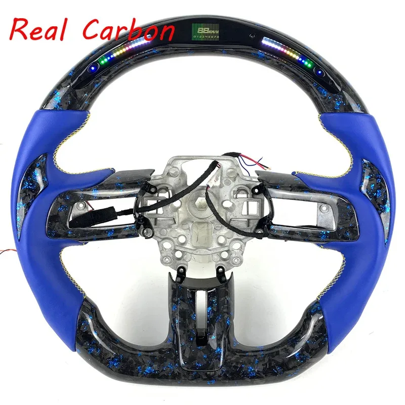 

For Ford Mustang Customizable Blue Leather Carbon Fiber Steering Wheel with LED
