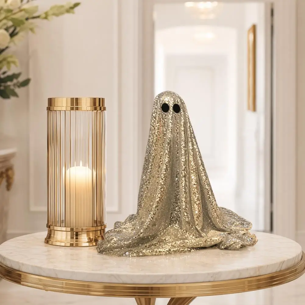 Sequin Ghost Statue Halloween Shimmering Decoration Halloween Ghost Decoration with Sequin Cloth Light-up Spooky Outdoor