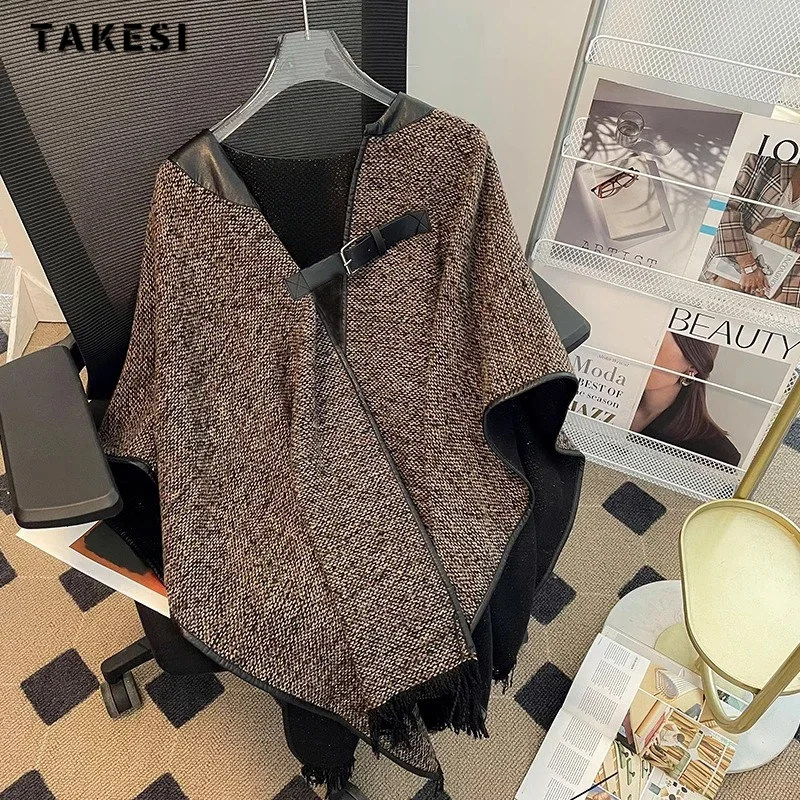 

2023 Winter Female Vintage Style Capes V-neck Belted Tassels Loose Jacket For Women Fashion Casual Ponchos Oversized Coat