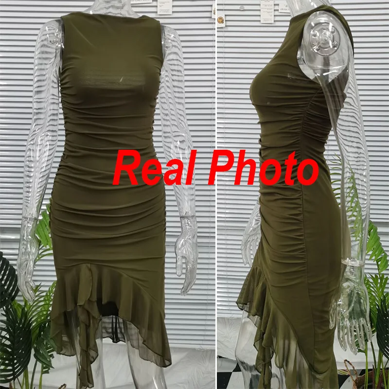 Mulheres Blister Crepe vestido de duas camadas Moda Sem Mangas Noções Vestidos Longos para mulheres Elegent senhora Sexy Vestidos de Férias