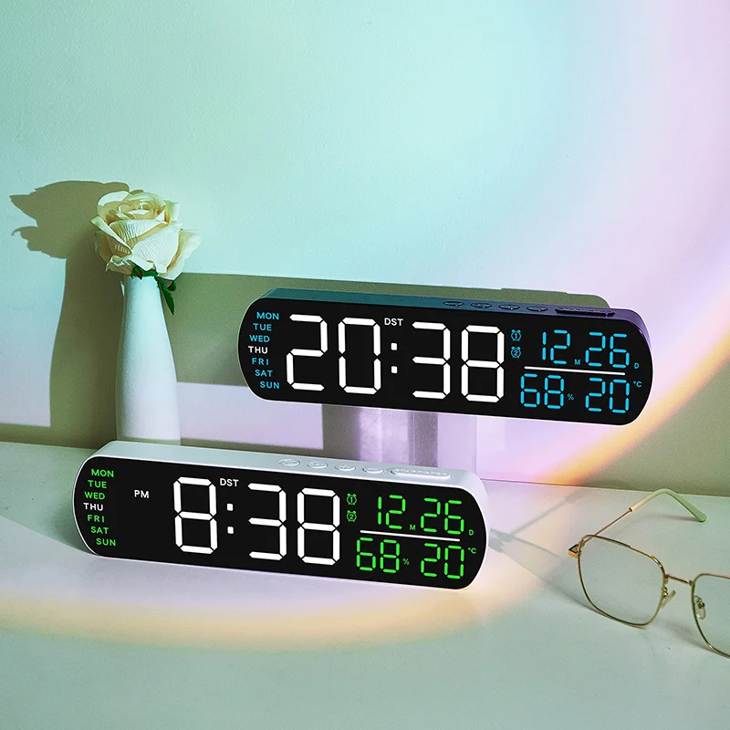 Digitaler Wecker TEMP Luftfeuchtigkeit Datum 2 Alarme Countdown-Timing DST Snooze Tischuhr Auto dimmbar 12/24 Stunden LED-Uhr für Dekor – Detail 5