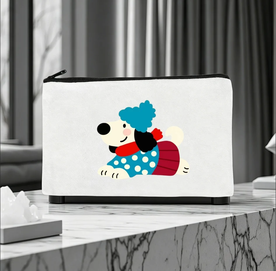 1PC Double-sided Print Canvas Pouch Winter Cartoon Poodle Dog Zipper Storage Makeup Bag