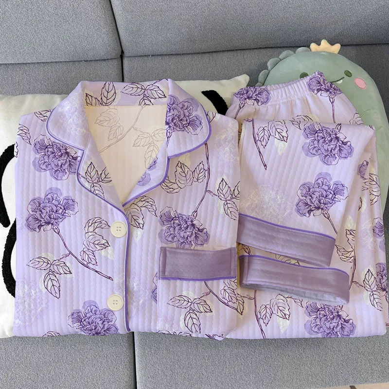 New Style Air-cotton Lined Sleepwear for Women, Suitable for Autumn and Winter, Large Size, Long-sleeved, Warm Home Wear Set
