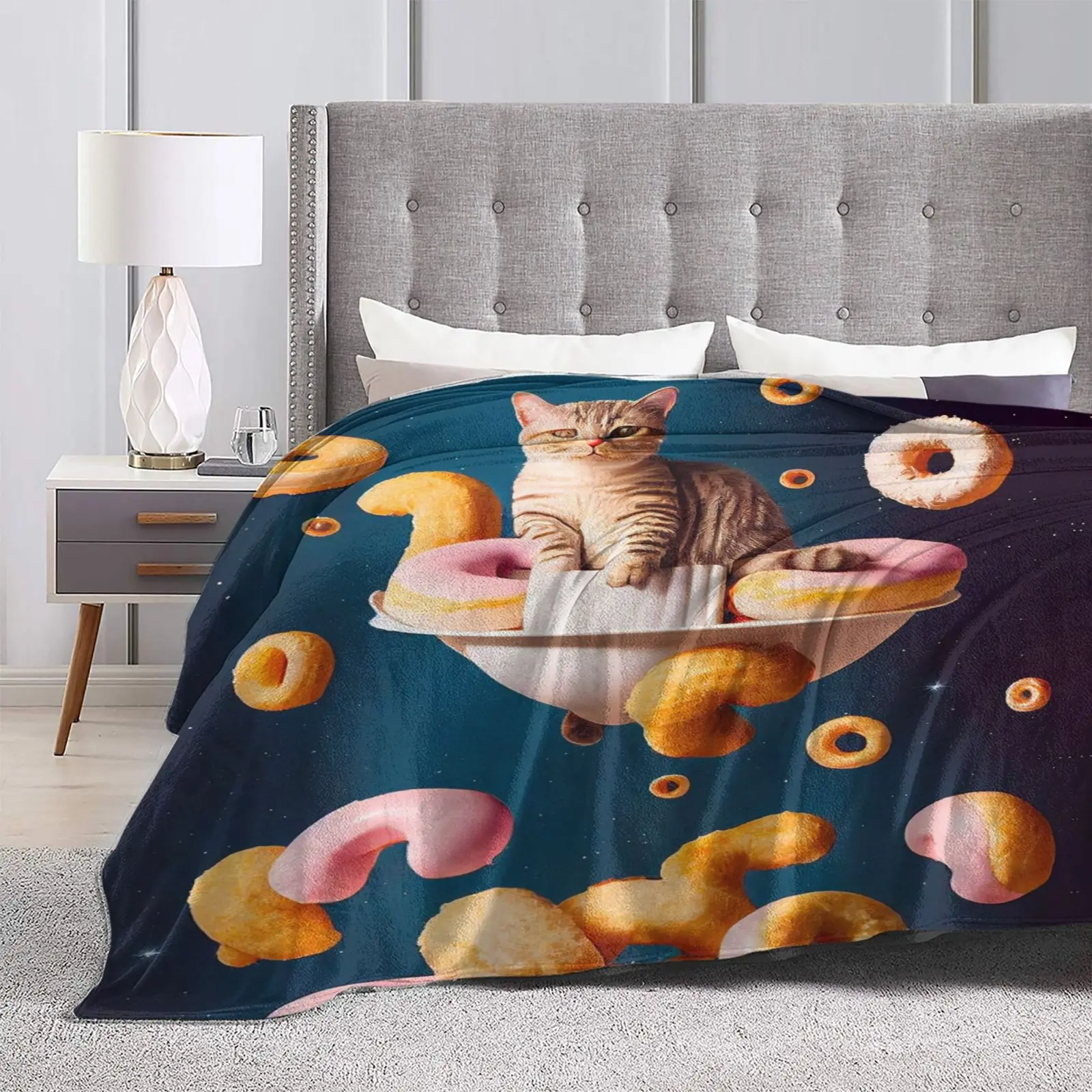 Flying Cat With Donuts Latest Super Soft Warm Light Thin Blanket Donuts Sweet Beautiful Animal Pet Oil Painted Cake Red Sky