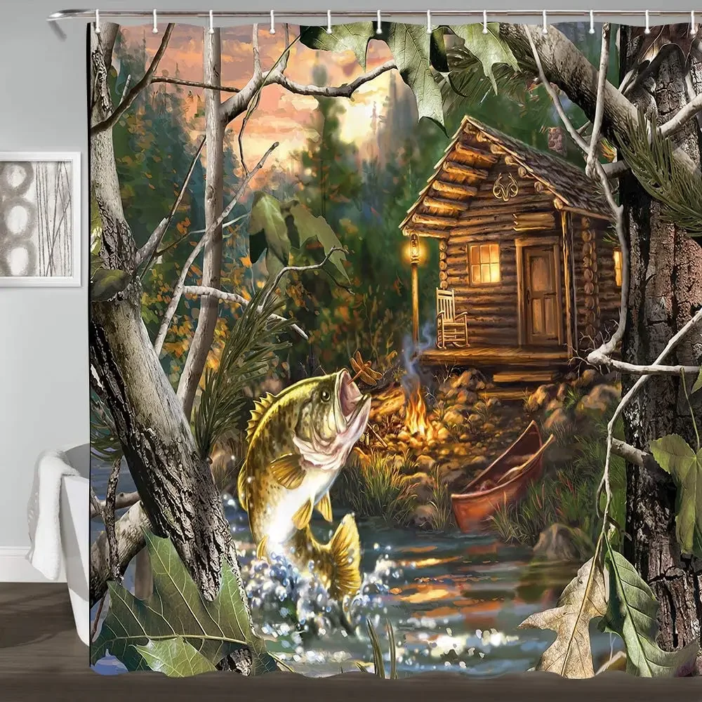 Bass Fish with Wooden Cabin House in Camo Forest with Lake Hunting Style Shower Curtains