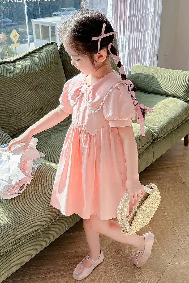 Girls and Children\'s Summer Fashion Solid Color Pearl Doll Neck Short Sleeve A-line Dress 1-6 Years Old