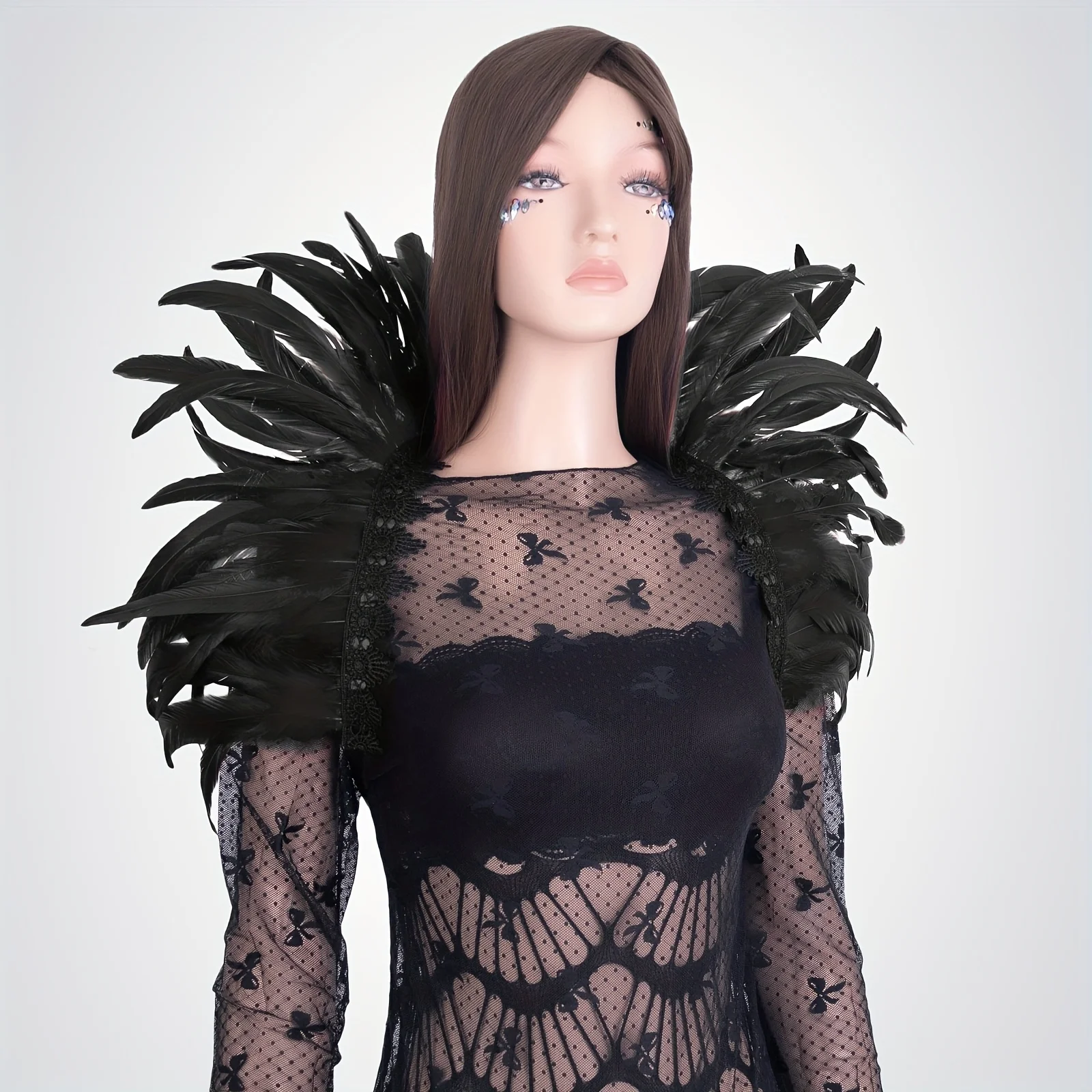 Ladies' punk gothic feather cape - black feather lace clothing, suitable for Halloween, wizard role-playing and carnival