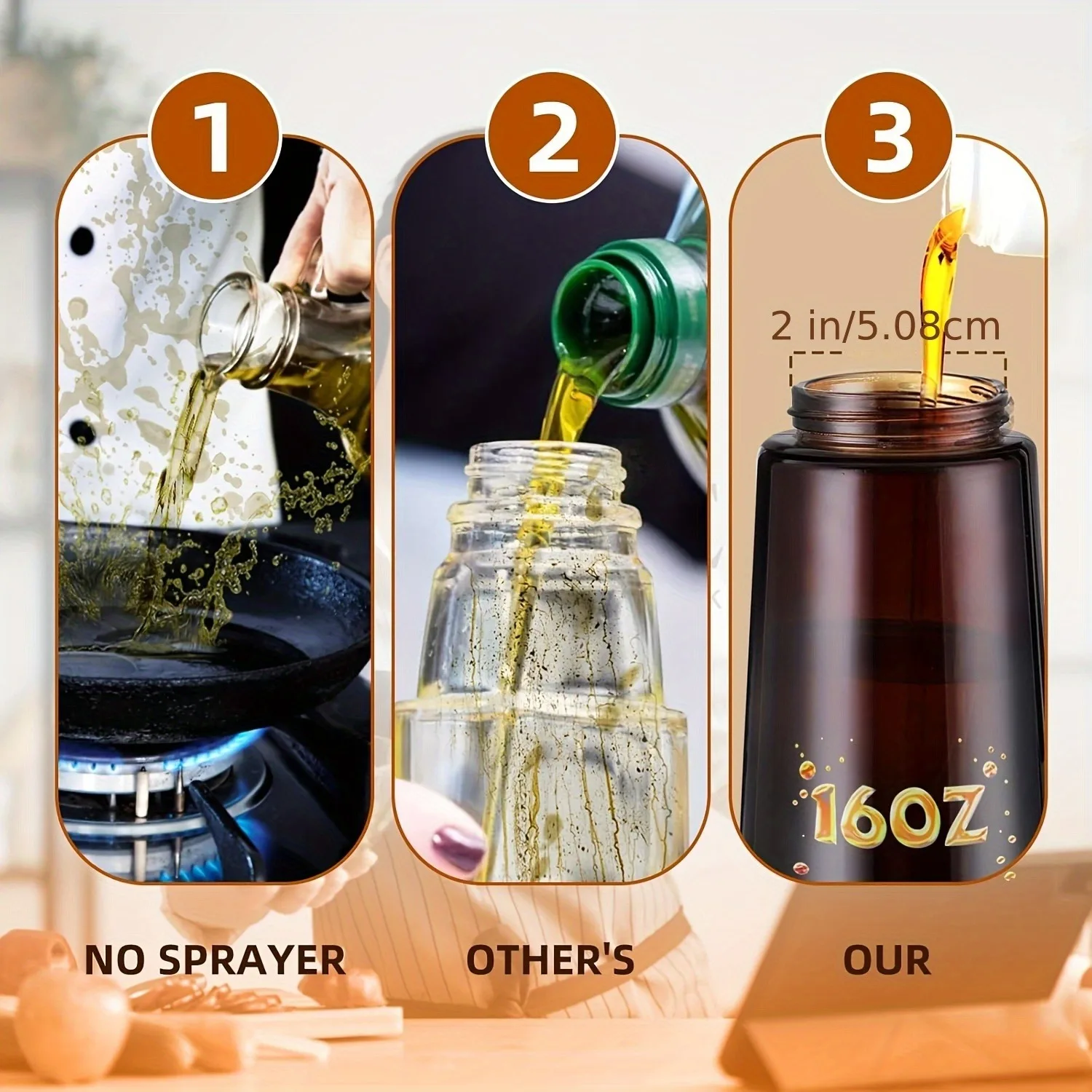 16oz/470ML Light Blocking Brown Oil Sprayer for Cooking 2 in 1 Olive Oil Dispenser Bottle for Kitchen Oil Bottle Seasoning Tools