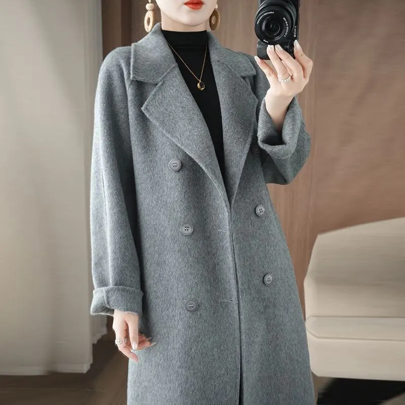 

Шерстяное двустороннее пальто из смешанной шерсти, разноцветное, свободного кроя, удлиненное, двубортное, в корейском стиле, для женщин, в стиле Хепберн