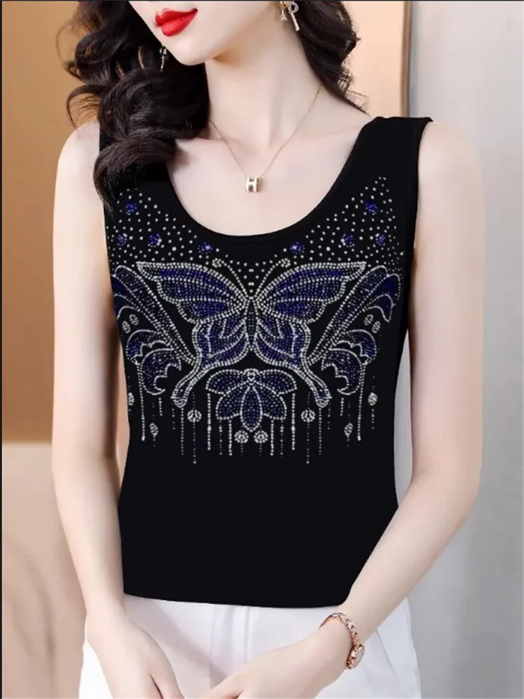 Hot Drill Vest For Women Sleeveless Top Summer Tank Top Slim Bottom Top Butterfly Camisole Outside Wear Femme Vest