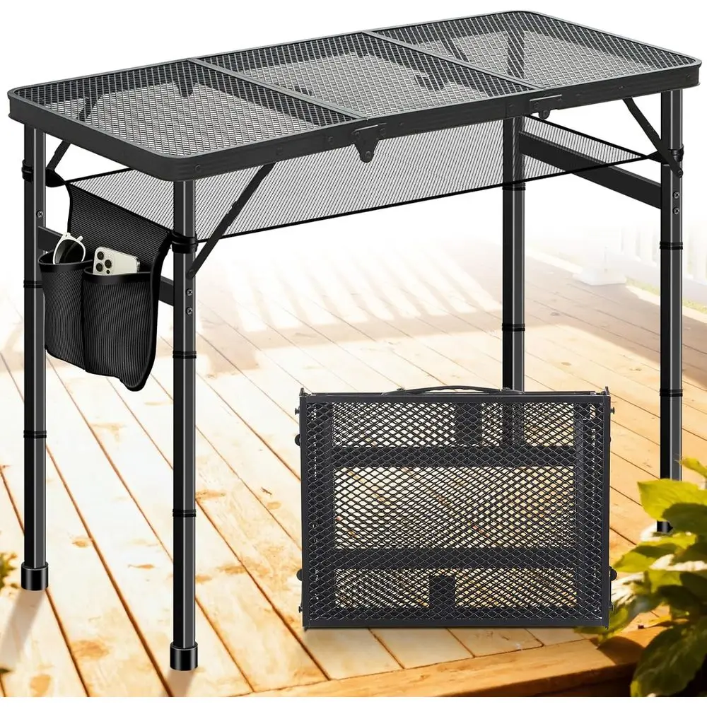 

Portable 3-Tier Folding Camping Table with Adjustable Height up to 27.5 for Picnics, BBQs, and Beach Use