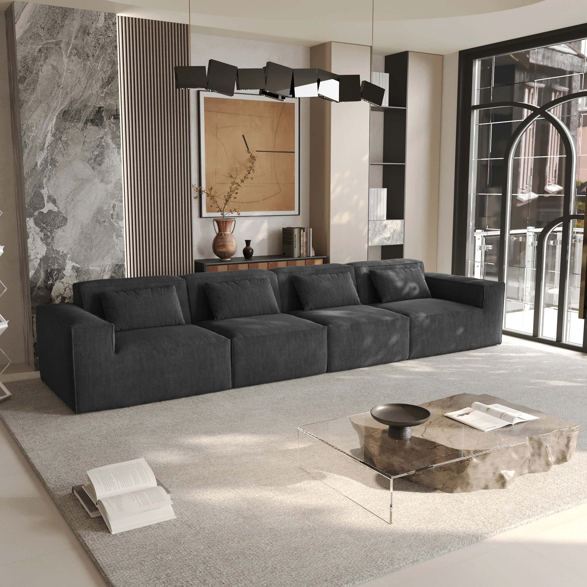 

ATUNUS US in Stock Drop Shipping Vacuum Compress Modern L U Shape Black Modular Sectional Sofa Corduroy Living Room Couch Set