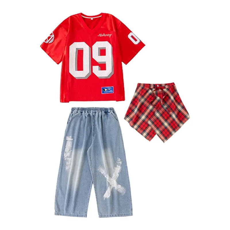 Kinder-Hip-Hop-Kleidungsset für Jungen, Street-Dance-Kostüm, Mädchen, Jazz, moderner Tanz, Anzug, Nummer 09, bedrucktes rotes T-Shirt, blaue Jeanshose