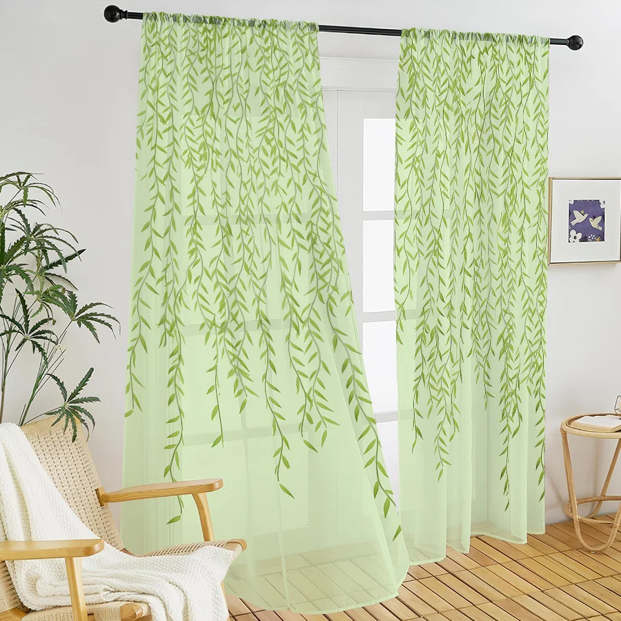 2PCS Digital Print Sheer Curtain, Green Weeping Willow, Vintage Floral Window Curtains for Living Room Bedroom Home Decor