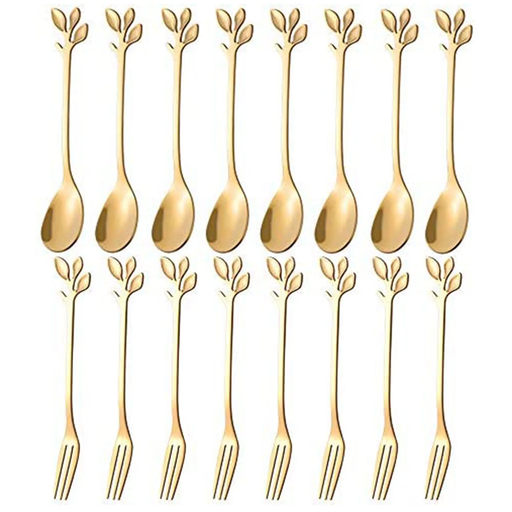 20PCS Dessert Spoon and Fork Set Cake Fork Coffee Spoon Creative Fruit Fork Stainless Steel -Gold