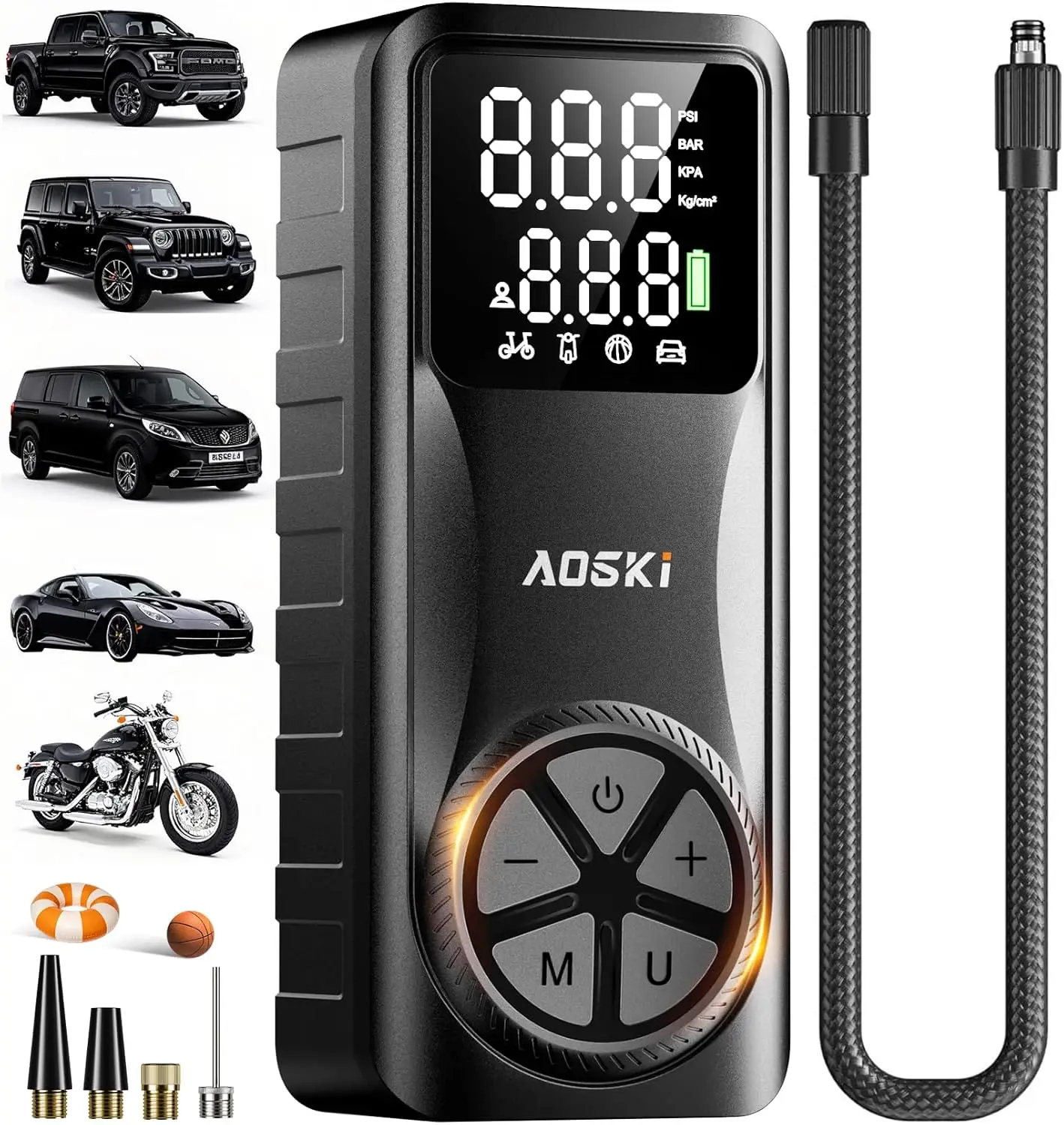 

Portable Air Compressor with Versatile Nozzles, 150PSI Fast Inflation for Car Moto Bike Ball - One-Button Control