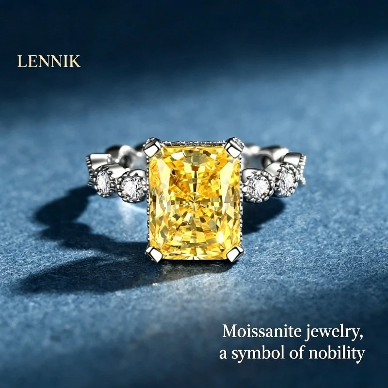 LENNIK Color Diamond S925 Silver Yellow Diamond Ring Ladies Ice Flower Cut 8A Zircon Proposal Ring