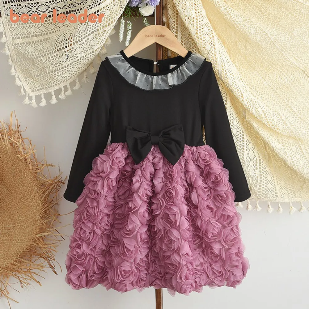 

Элегантные платья для девочек Bear Leader, осеннее платье с длинными рукавами и бантом в виде 3D розы, корейская версия, милая детская одежда
