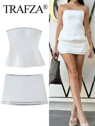 TRAFZA 2024 Summer Women Fashion Jeweled Decoration Set Backless Chic Sexy Tube Top + High Waist A-Line Slim Female Mini Skirt