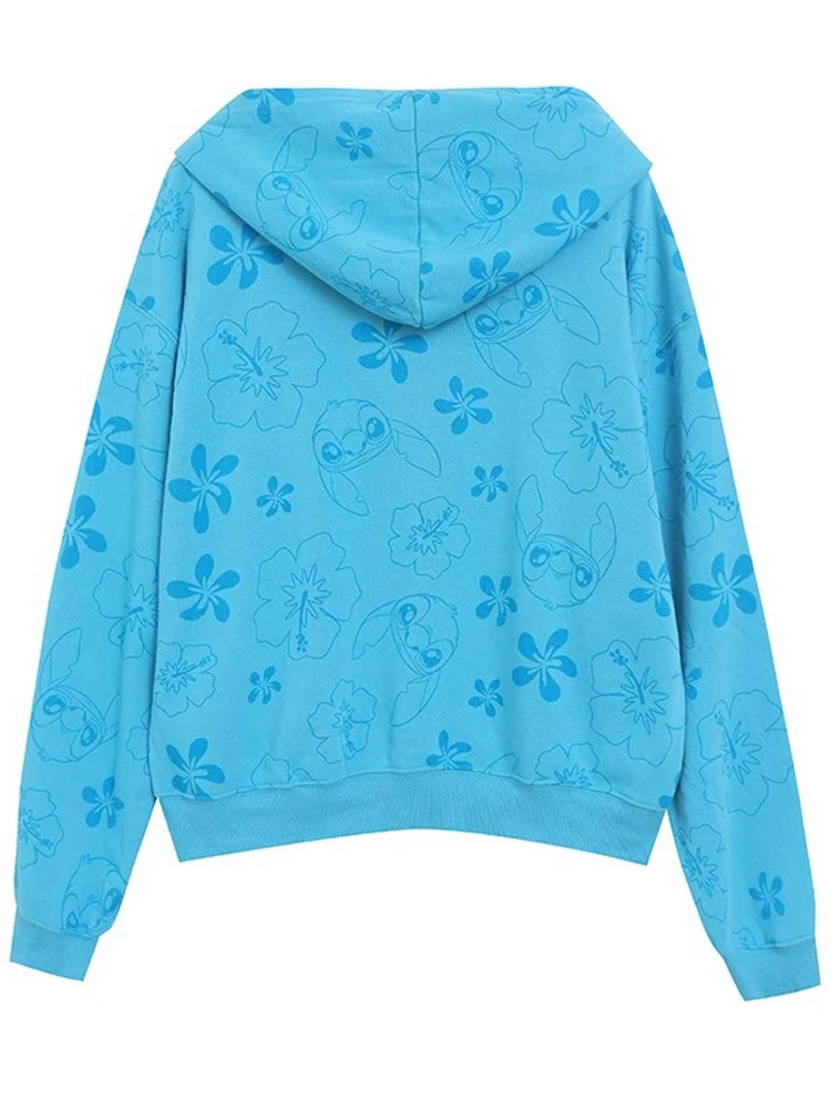 Disney Fleece Sweatshirt Stitch Little Monster Cartoon Print Fashion Unisex Couple Women Hooded Zip Jumper Tops Blue Female