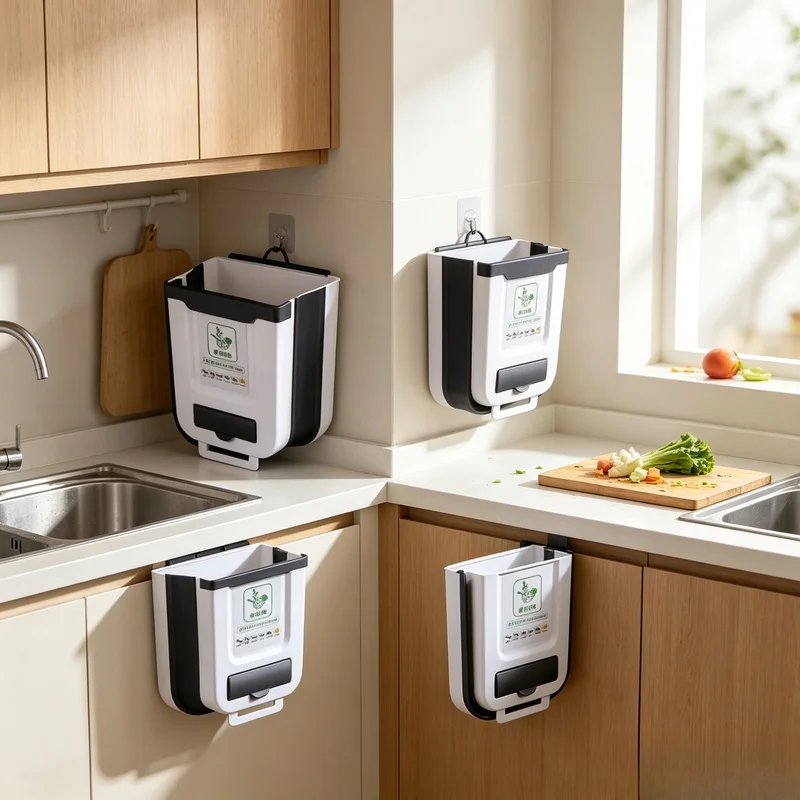 Wall‑Mounted Collapsible 10L Slim Trash Can, Hanging Waste Bin for Kitchen Bathroom Cabinet