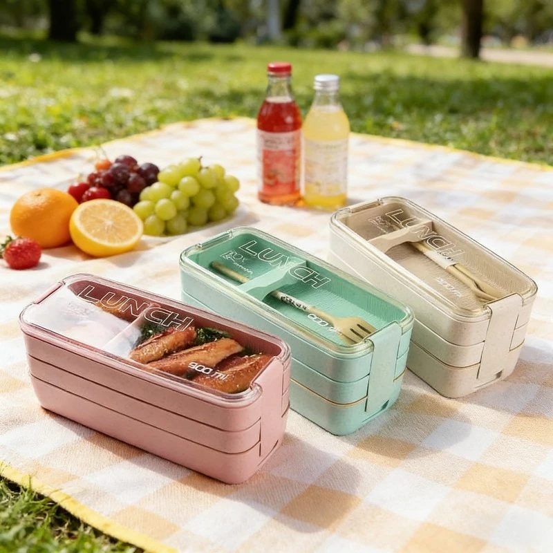 Lonchera Bento 3 en 1 de Paja de Trigo, Reutilizable, Portátil, con Compartimentos para Comida y Refrigerios, Juego de Vajilla